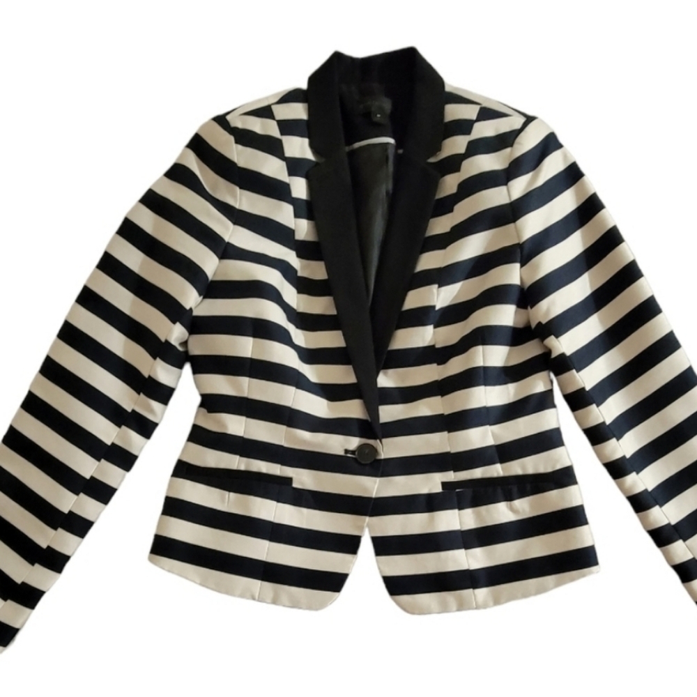 Worthington Women's Notch Lapel Bold Striped Blazer Black/Beige Size PS